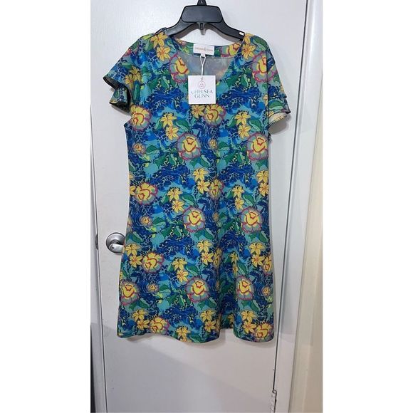 Chelsea Gunn Womens Tunic Blouse Short Sleeve Floral Blue Yellow Large - Picture 3 of 10